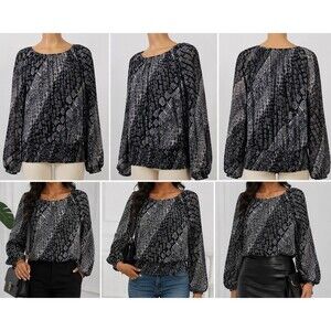 Harper 241 Womens Blouse Size M Black Gray Geometric Print  Smoked Hem Boho Y2K